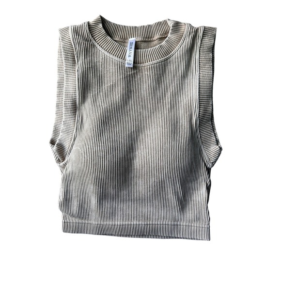 Zenana Tops - Zenana Ribbed Mineral Wash Beige Crop Top with Removable Padding L/XL
